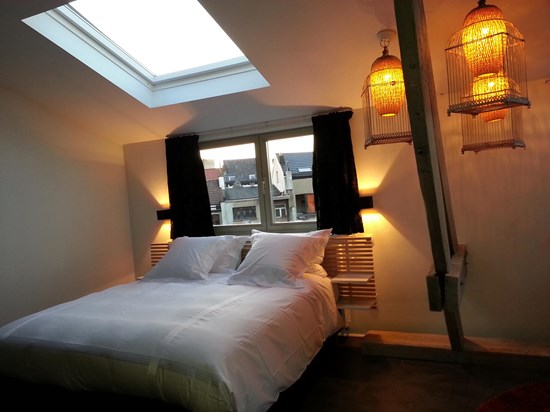 Themasuite Afrika met girafprint-badkamermuur en kinderspeelhuis met brug bij Koto B&B